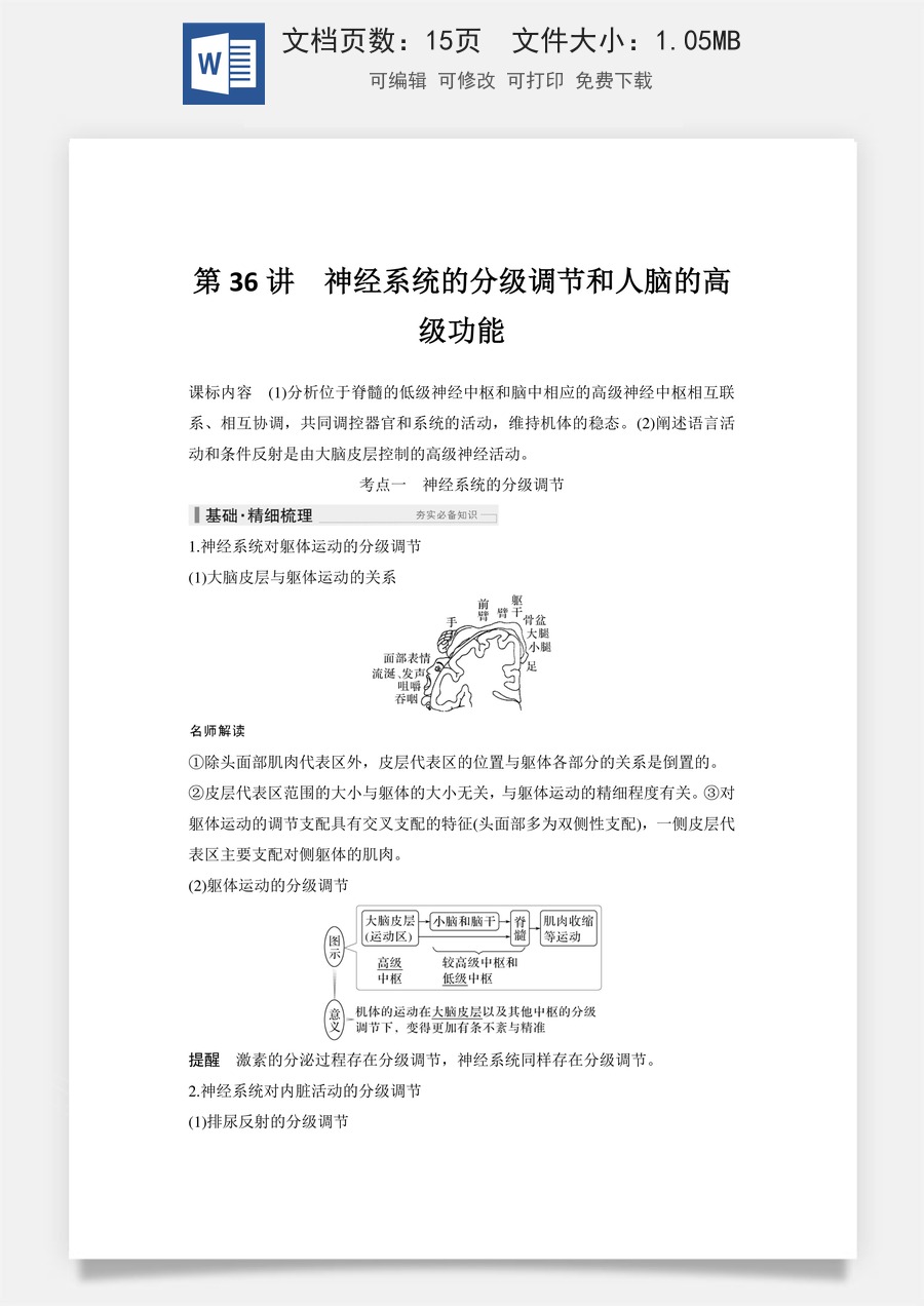 高中-高考总复习-生物-第36讲　神经系统的分级调节和人脑的高级功能.doc